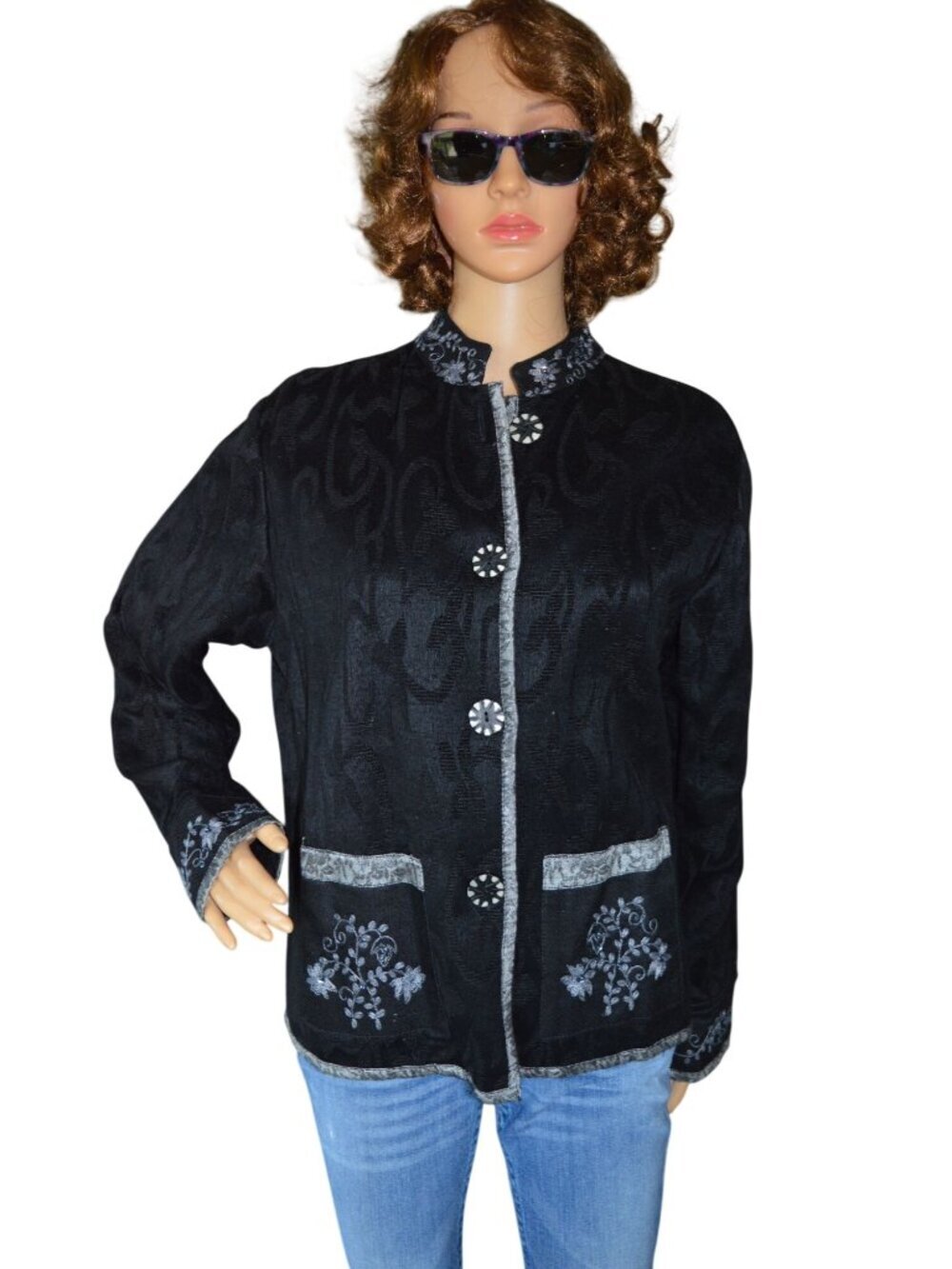 Vintage Flashback Black Chenille Embroidered Floral Jacket Coat Boho Women's M
